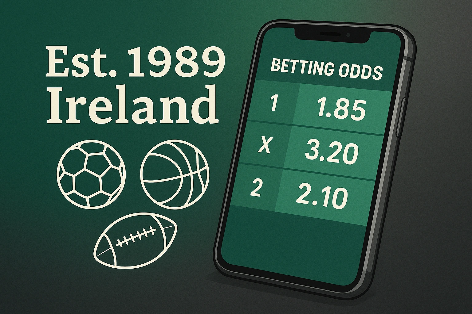 A smartphone displays betting odds against a green-to-grey gradient background with Irish heritage branding and sports icons
