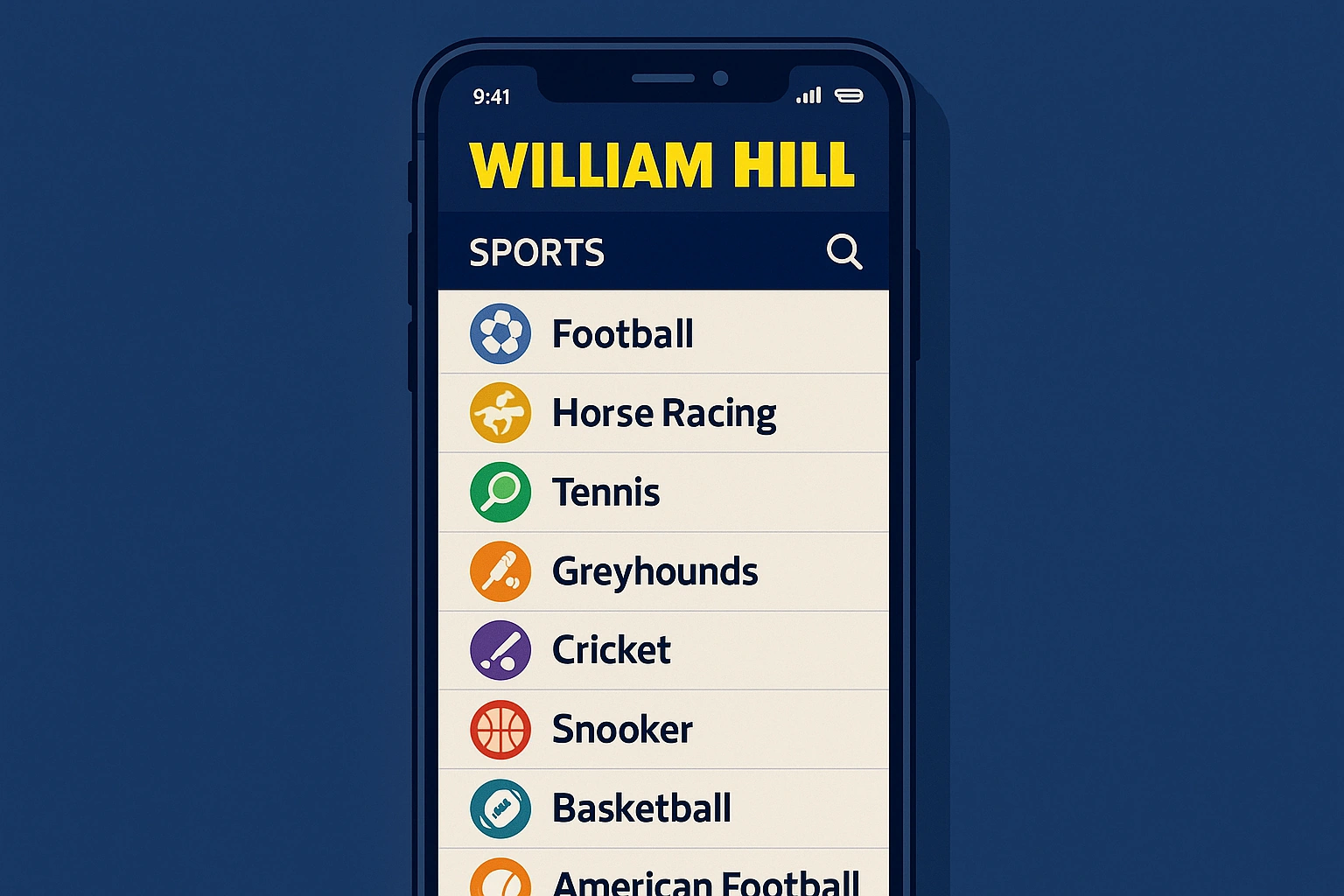Smartphone showing William Hill betting app interface