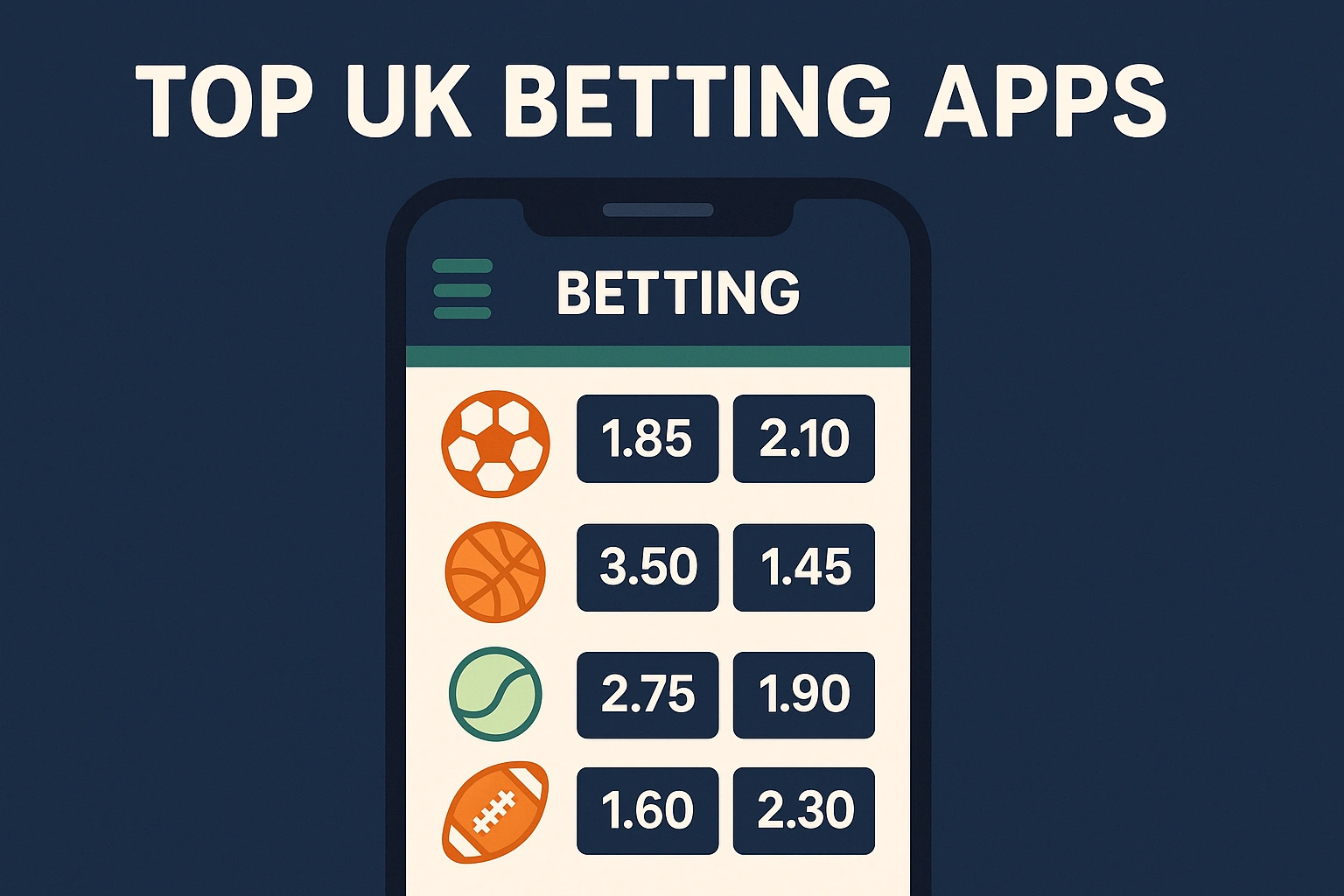 Smartphone showing betting app interface with sports icons