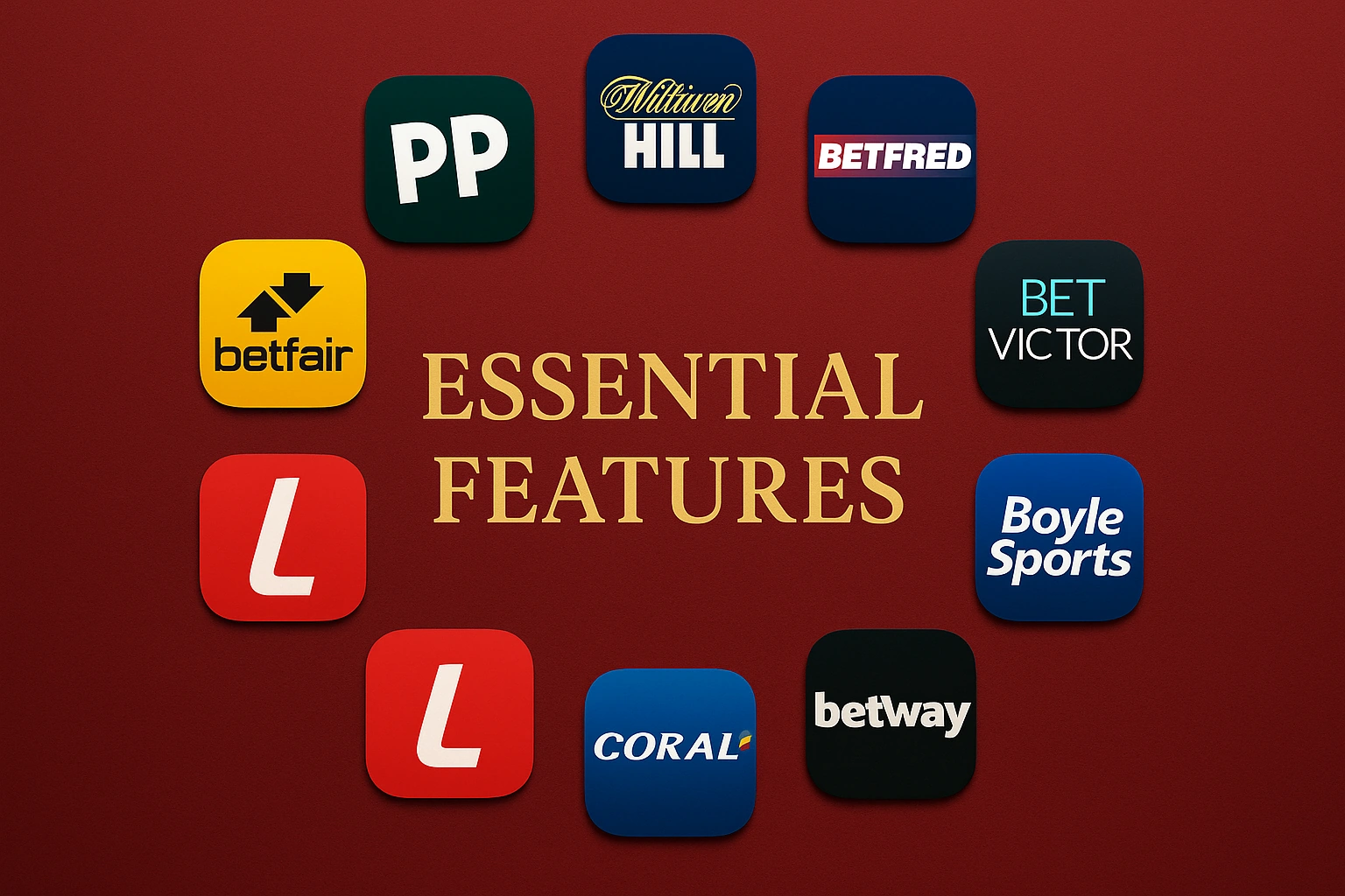 Betting app icons surrounding Essential Features text