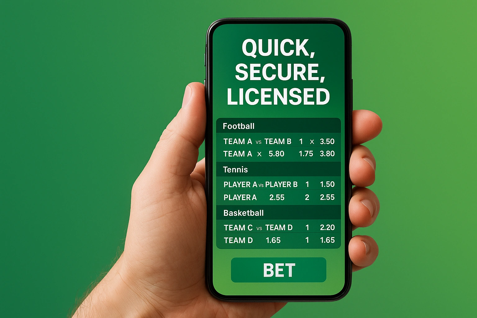 A hand holding a smartphone showing betting options