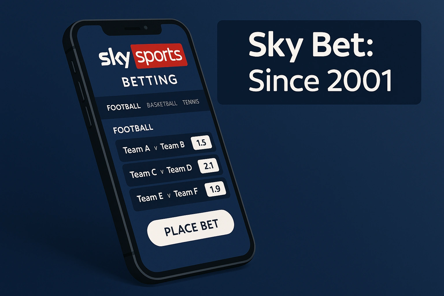 Modern smartphone displays Sky Bet sports betting interface in dark blue and white brand colors. Text indicates Sky Bet operates since 2001.