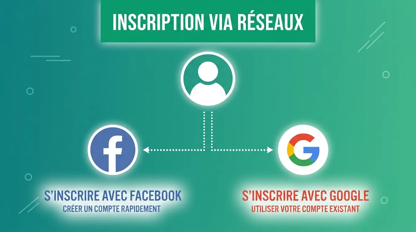 Social media registration icons connected to user profile on teal gradient background
