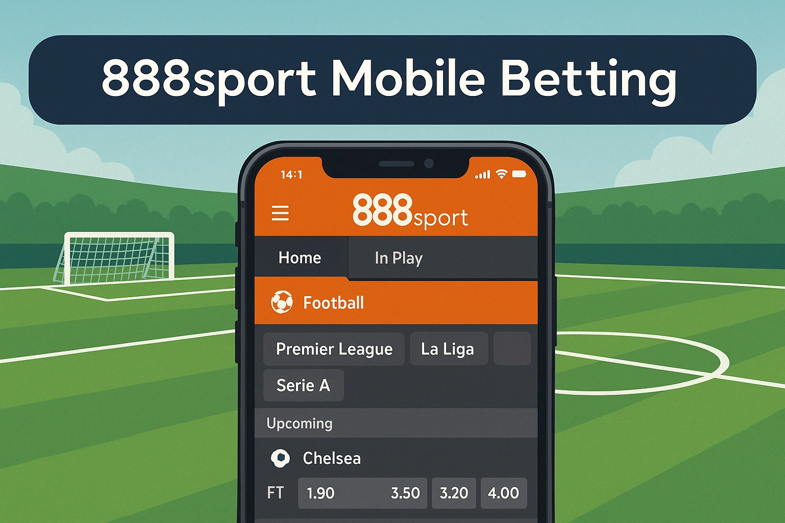 Smartphone showing 888sport betting app with football background