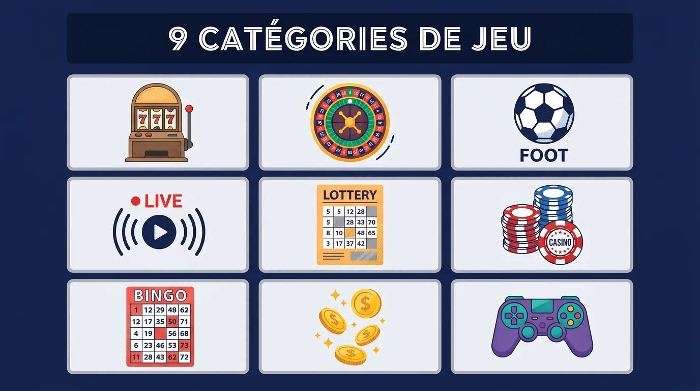 Alt text: Nine casino game category icons displayed in a grid layout