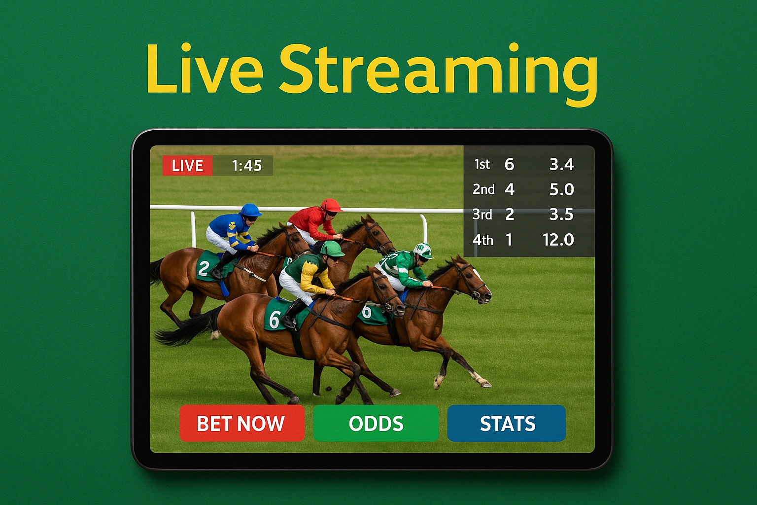 Horse race streaming on tablet with betting interface