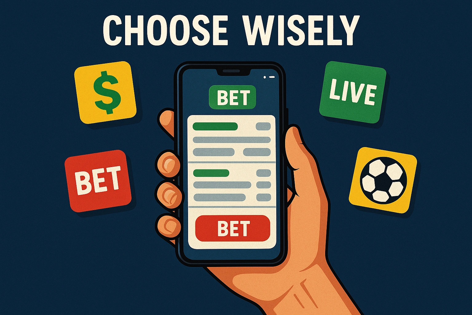 Hand holding smartphone with betting app icons