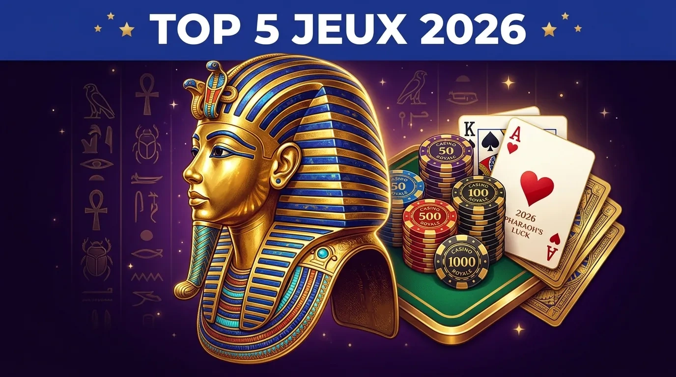 Egyptian pharaoh mask with casino gaming elements and French text banner