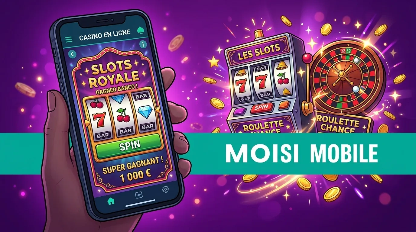 Mobile casino gaming interface with slot reels and roulette wheel on smartphone display